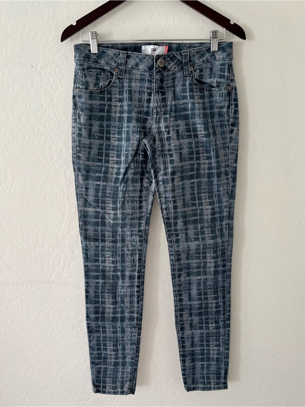 Cabi Skinny Jeans Size 4 Gray Blue Abstract Plaid Print Stretch Denim Pants